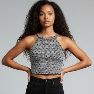 DYNAMITE halter crop top size XS in Black and White Diamond Geometric Pattern